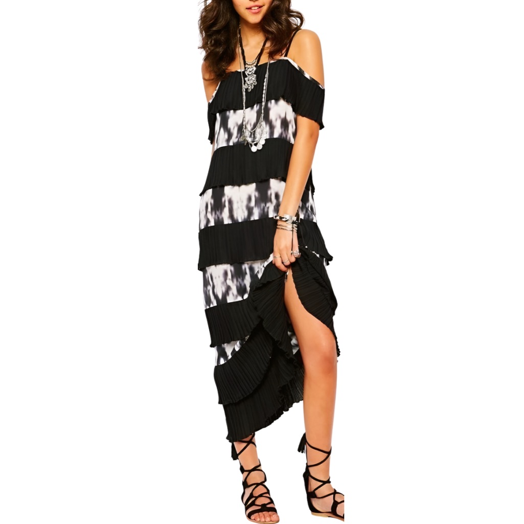 Stevie May Black & White Tie-Dye Tiered Pleated Maxi Dress | Off-Shoulder | Xs/S